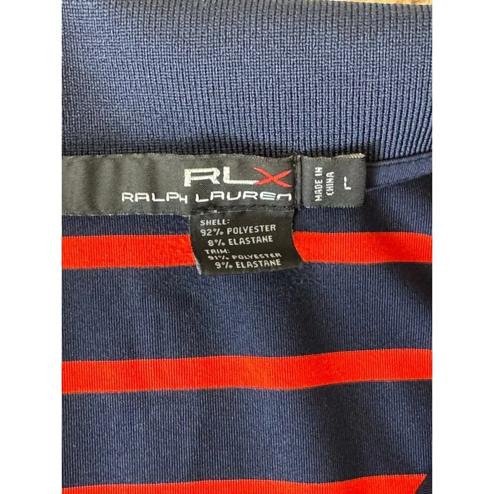 RLX Ralph Lauren Polo Shirt Mens L Navy Blue Orange Striped Short Sleeve Golf
